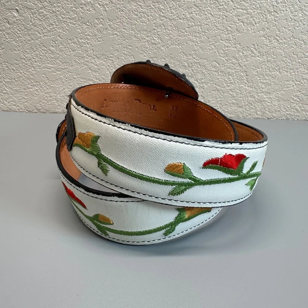 Rodeo Belt White Black Embroidered Flowers Genuine Leather Women's Size US 8 37